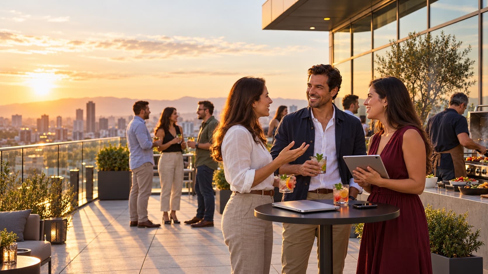 Encuentro informal en una terraza al atardecer con cócteles y parrilla; imagen generada con IA