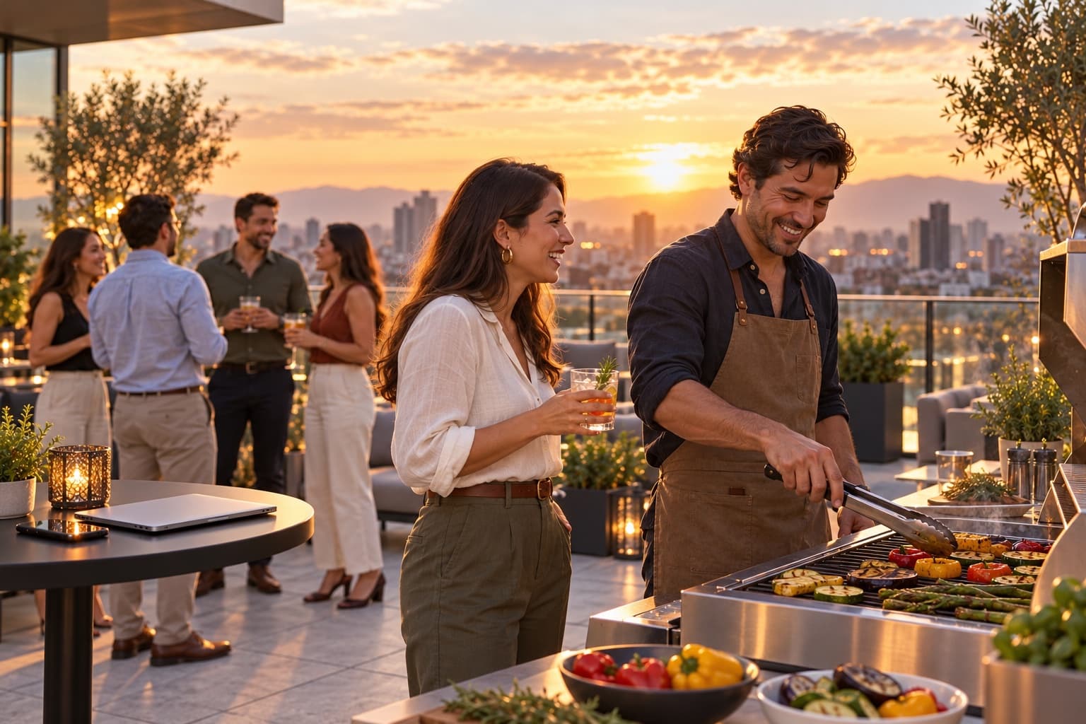Escena ilustrativa de una parrilla y conversaciones entre profesionales, generada con IA