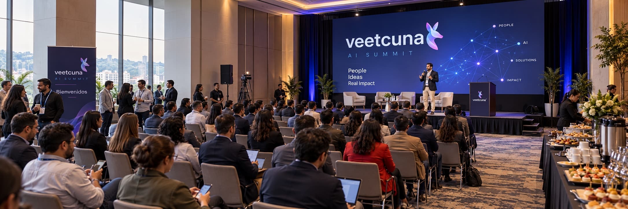 Summit con asistentes, estrado, pantalla y branding de Veetcuna, networking y catering; imagen generada con IA