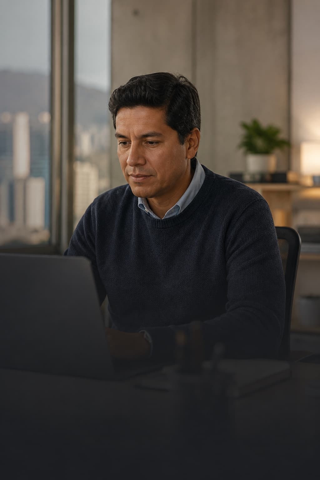 Profesional financiero latinoamericano revisando información en su espacio de trabajo